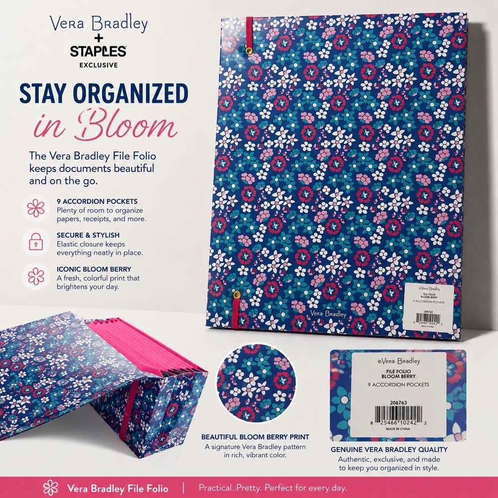 NEW Vera Bradley Staples Bloom‎ Berry File Folio 9 Pocket Accordion Organizer